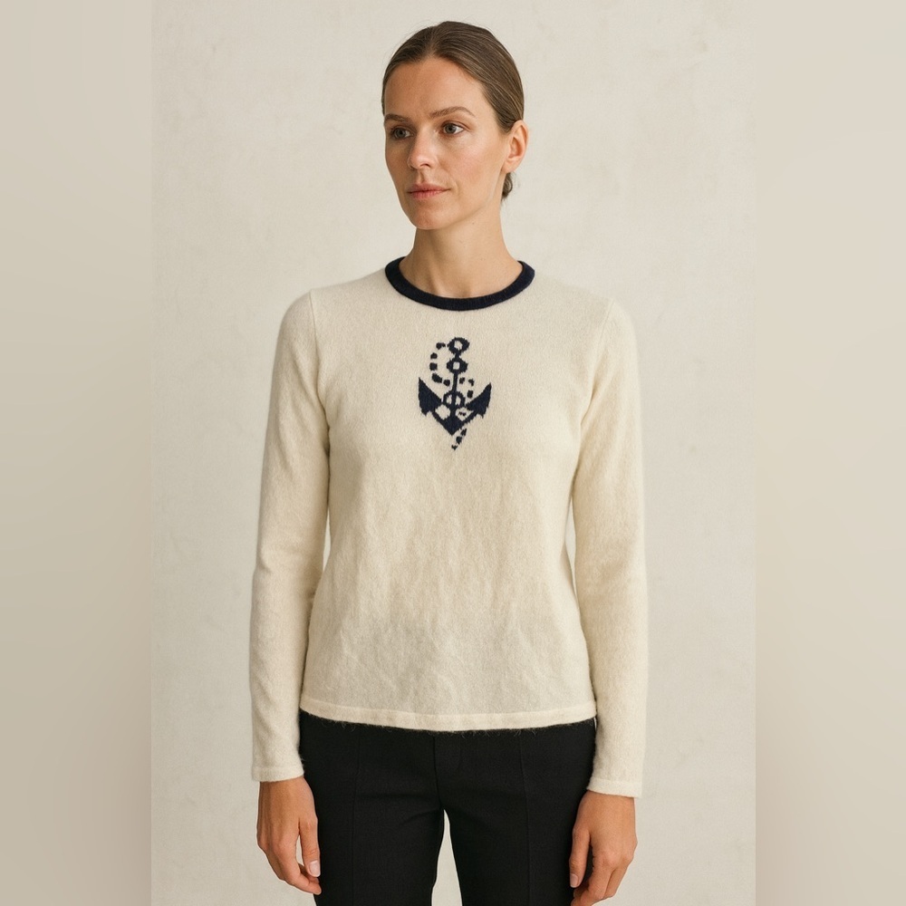 Crewneck Anchor Intarsia Sweater - Ivory/Navy